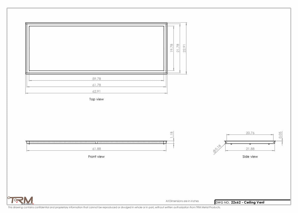 22x62 ceiling vent cover, dimensions drawing