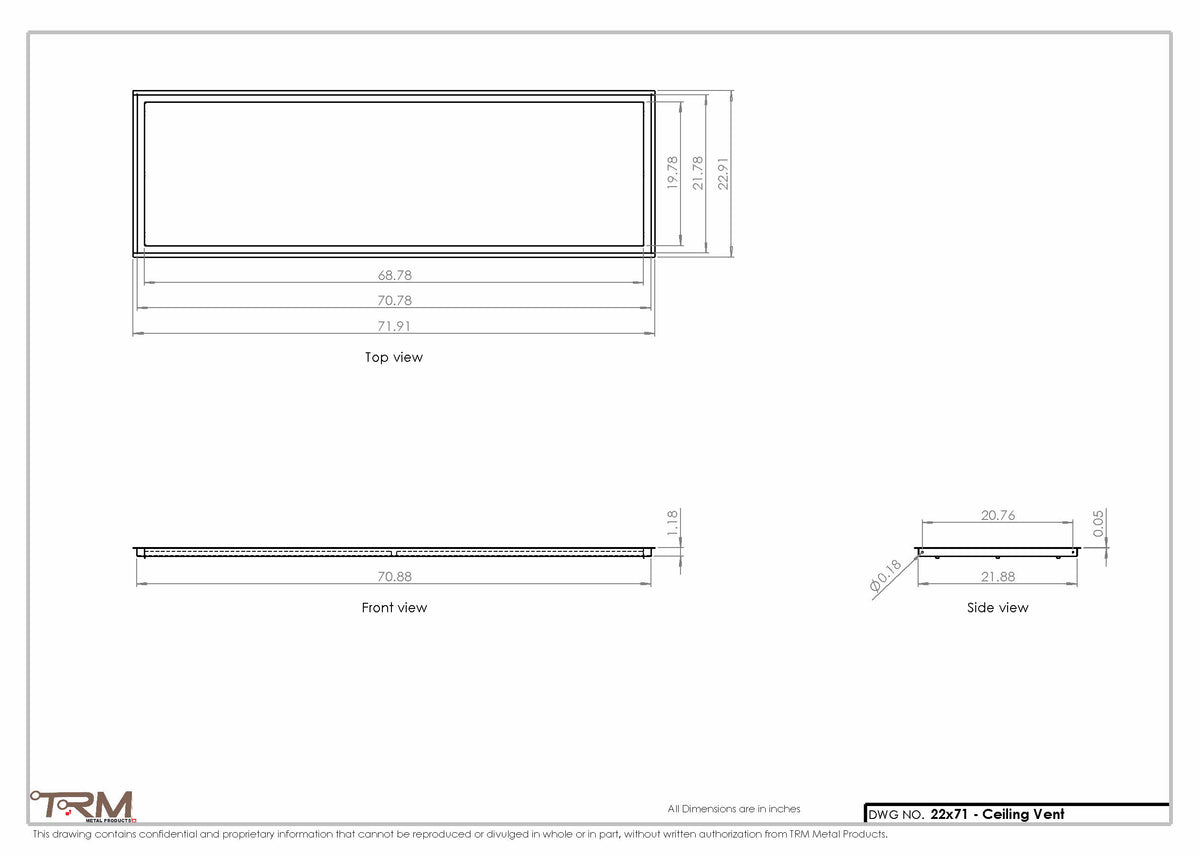 22x71 ceiling vent cover, dimensions drawing