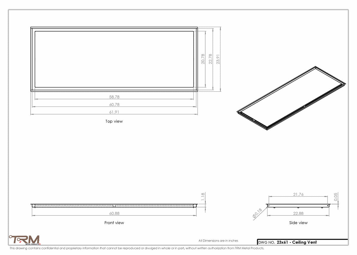 23x61 ceiling vent cover, dimensions drawing