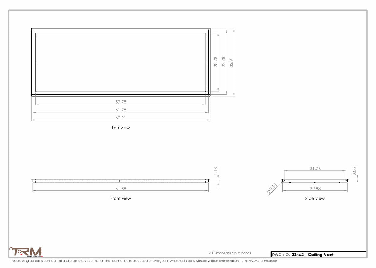 23x62 ceiling vent cover, dimensions drawing