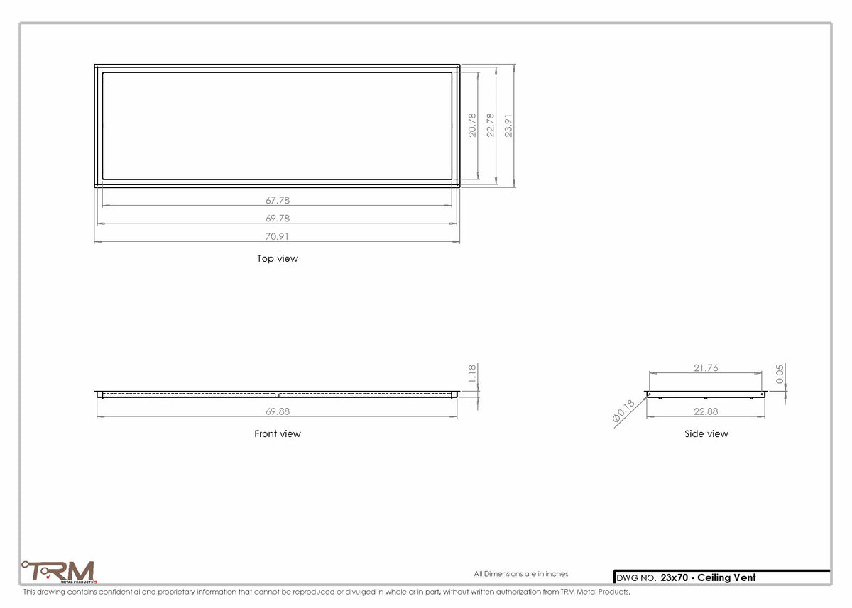 23x70 ceiling vent cover, dimensions drawing