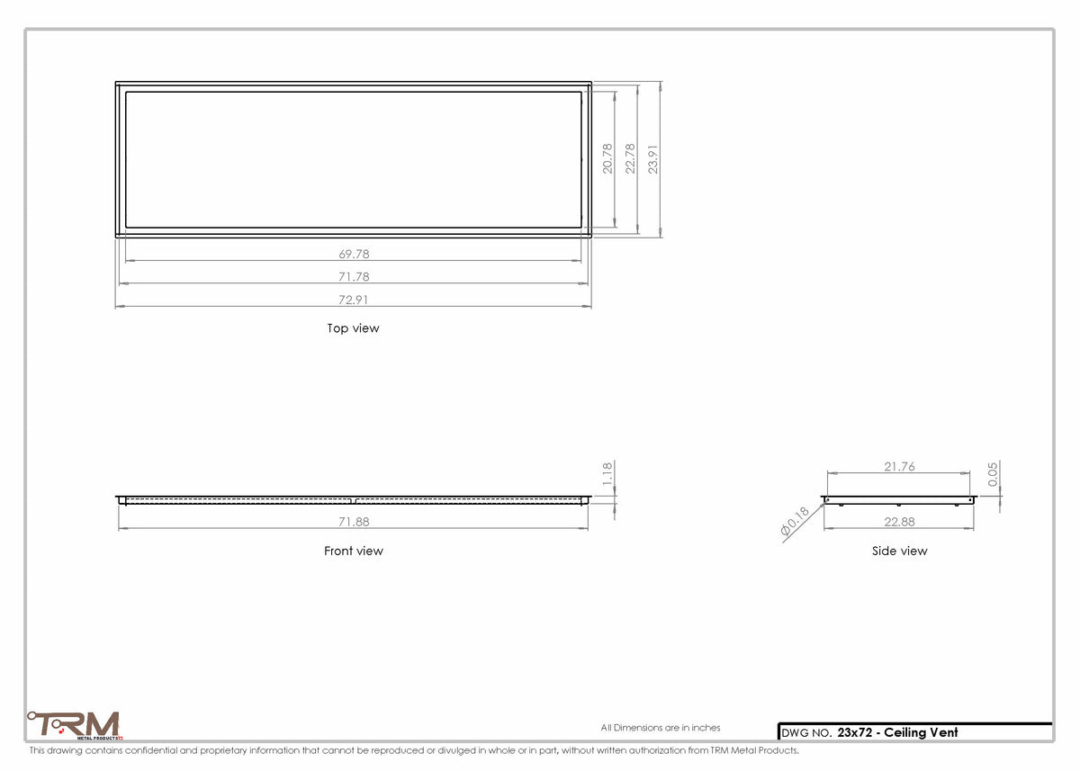 23x72 ceiling vent cover, dimensions drawing