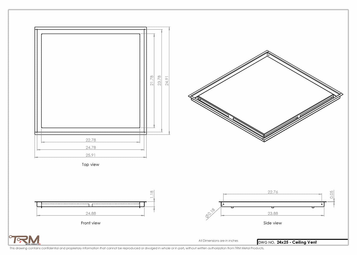 24x25 ceiling vent cover, dimensions drawing