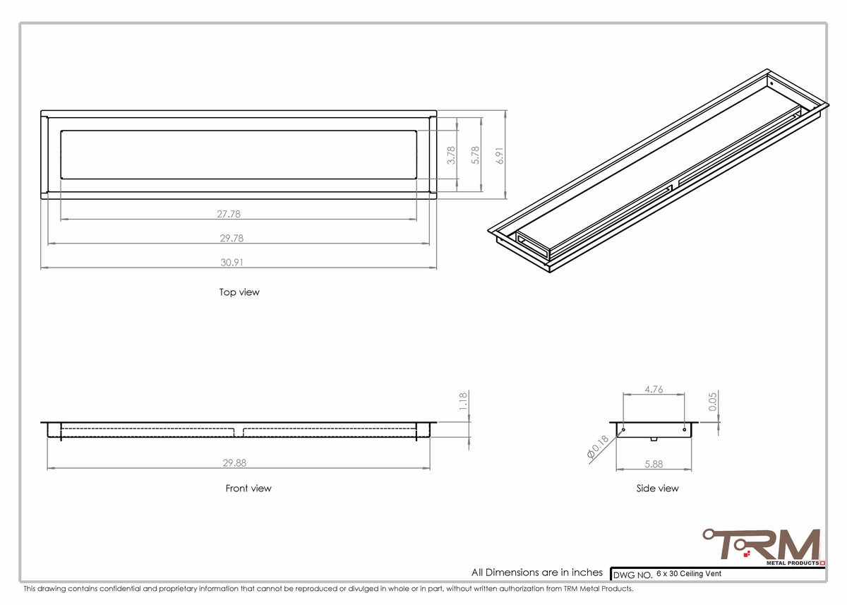 6x30 ceiling vent cover, dimensions drawing