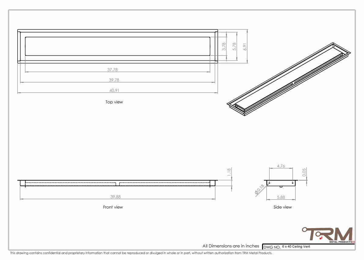 6x40 ceiling vent cover, dimensions drawing