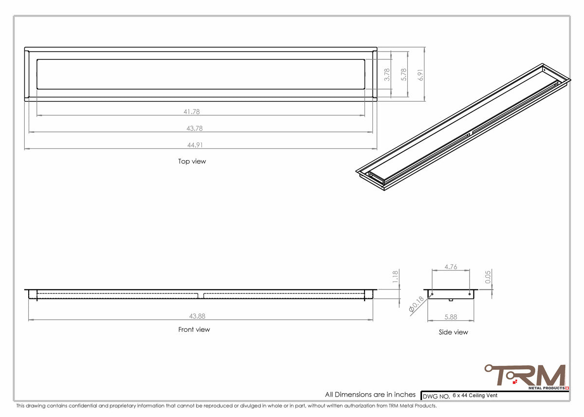 6x44 ceiling vent cover, dimensions drawing