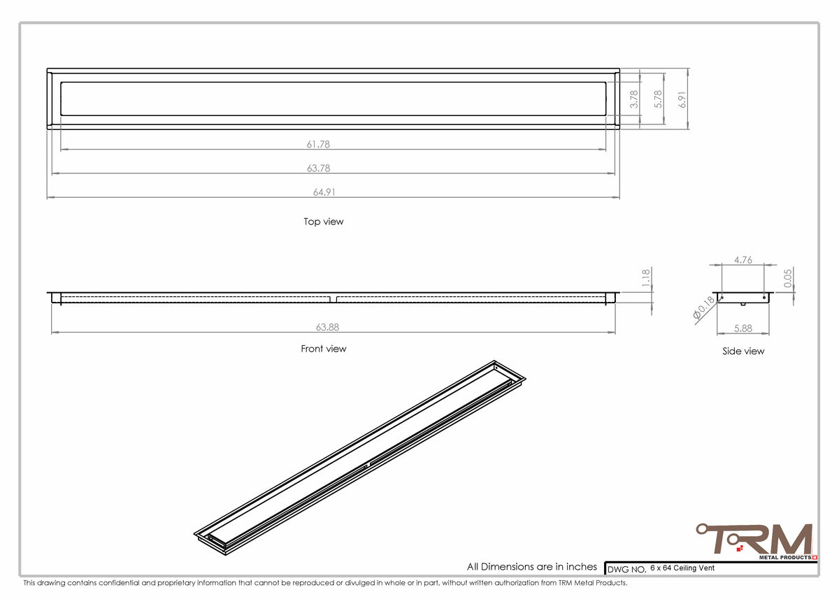 6x64 ceiling vent cover, dimensions drawing