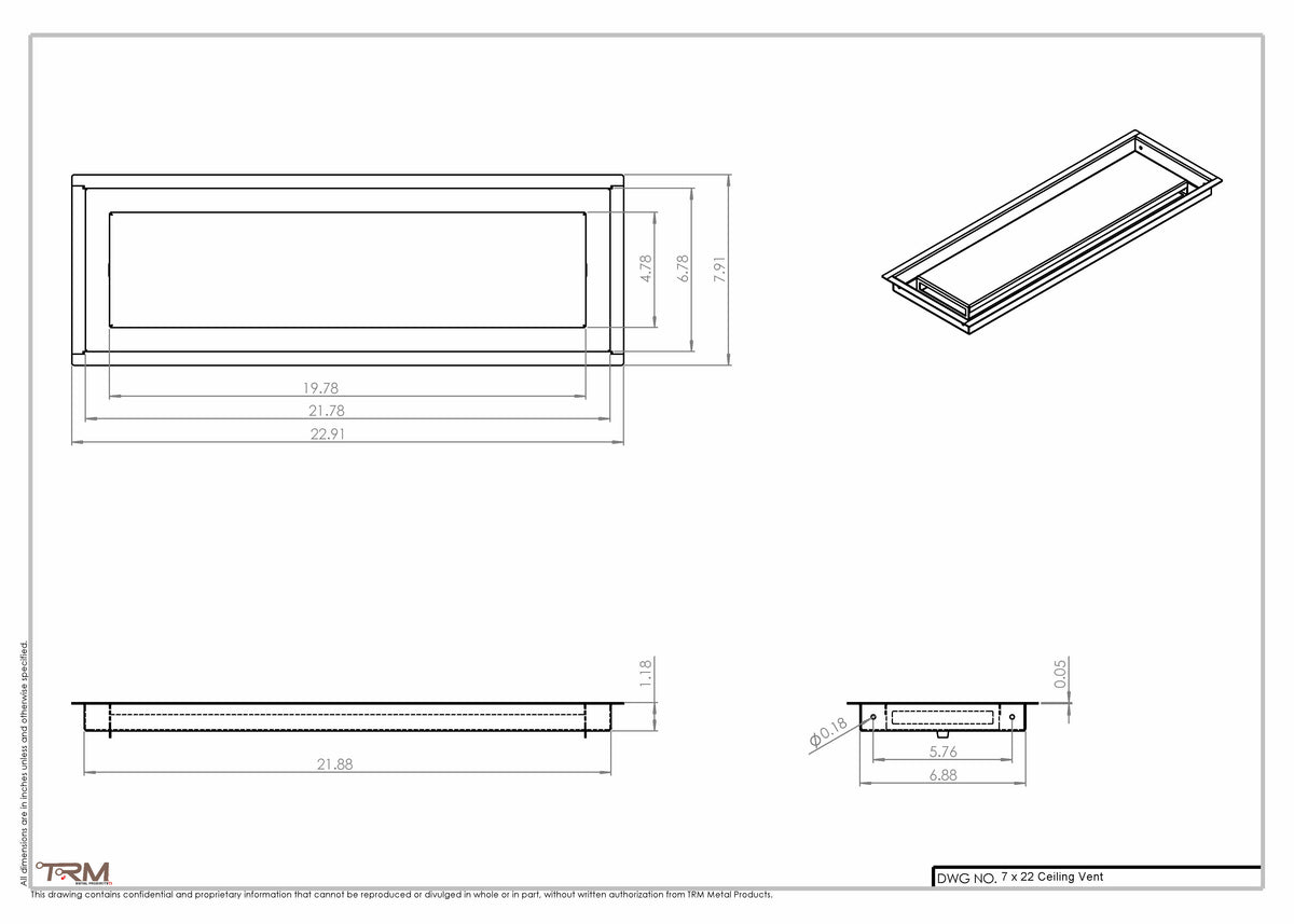 7x22 ceiling vent cover, dimensions drawing