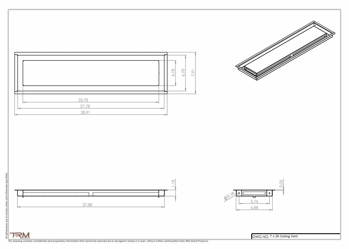 7x28 ceiling vent cover, dimensions drawing