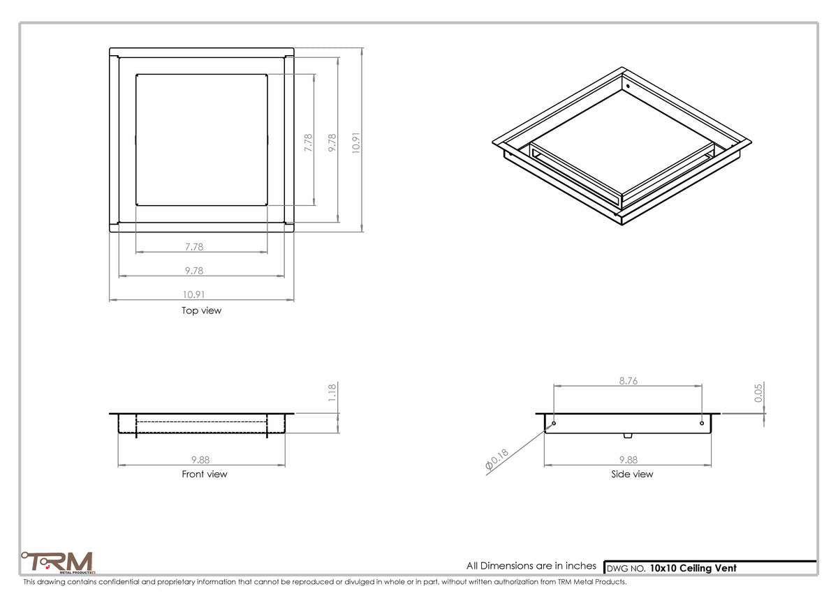 10x10 ceiling vent cover, dimensions drawing