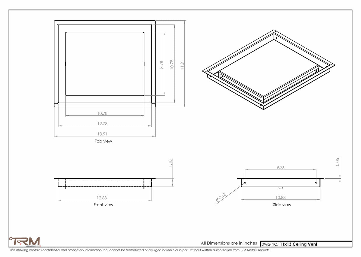 11x13 ceiling vent cover, dimensions drawing