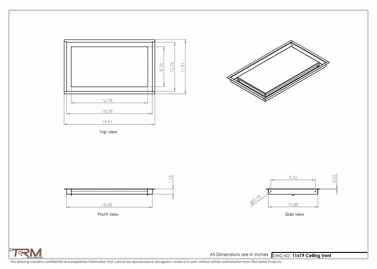 11x19 ceiling vent cover, dimensions drawing