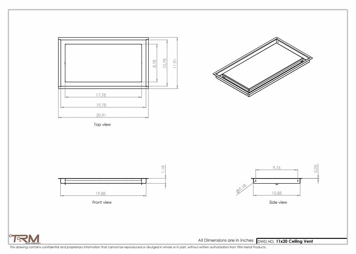 11x20 ceiling vent cover, dimensions drawing