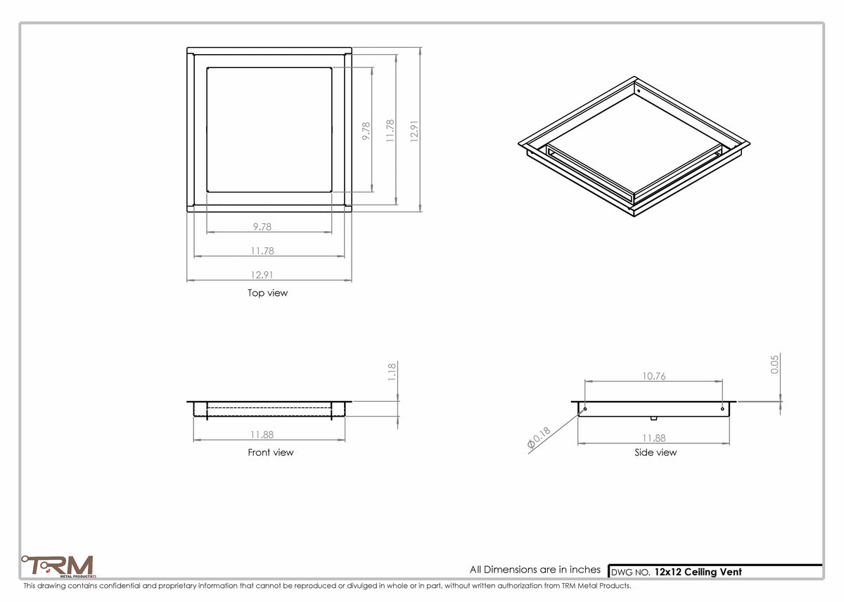 12x12 ceiling vent cover, dimensions drawing