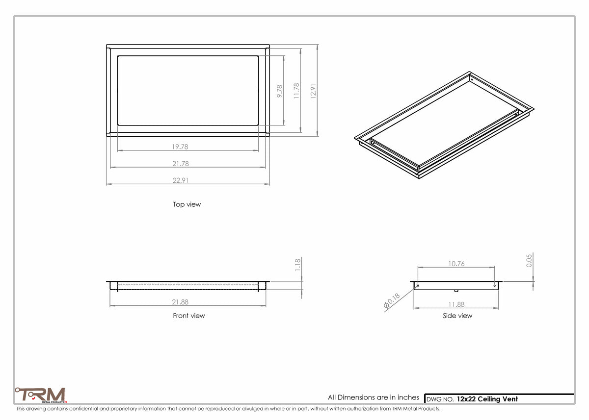 12x22 ceiling vent cover, dimensions drawing