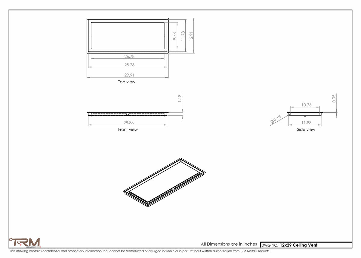 12x29 ceiling vent cover, dimensions drawing