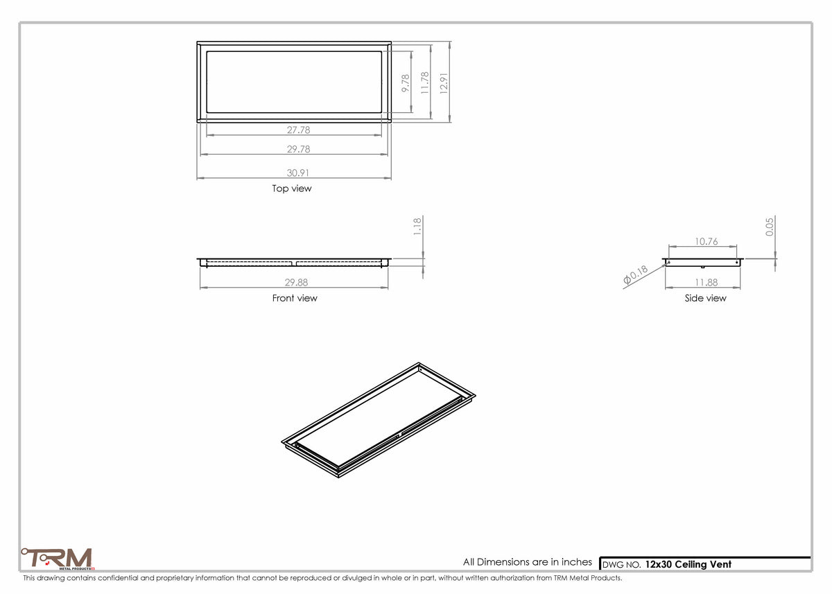 12x30 ceiling vent cover, dimensions drawing