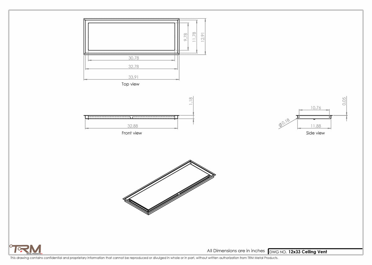 12x33 ceiling vent cover, dimensions drawing