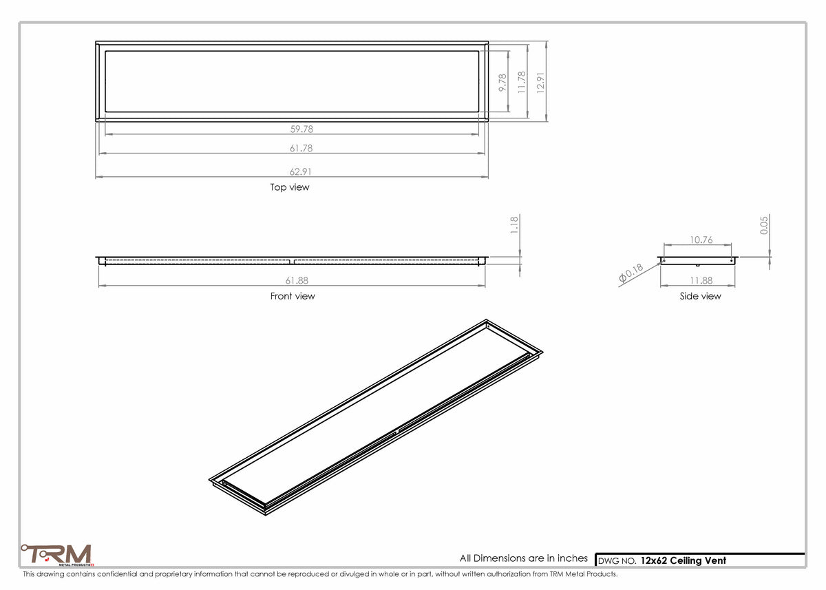 12x62 ceiling vent cover, dimensions drawing