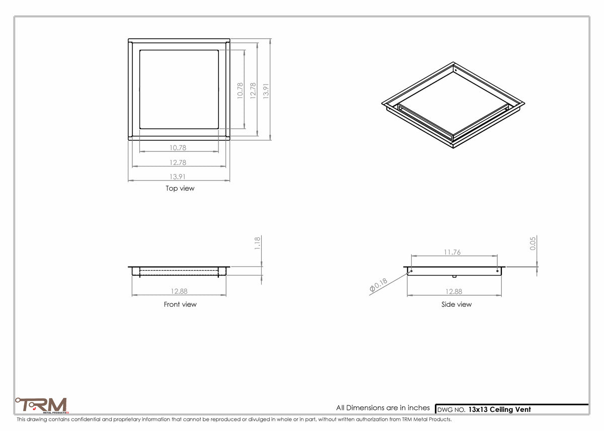 13x13 ceiling vent cover, dimensions drawing