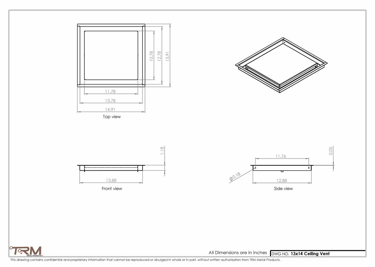 13x14 ceiling vent cover, dimensions drawing