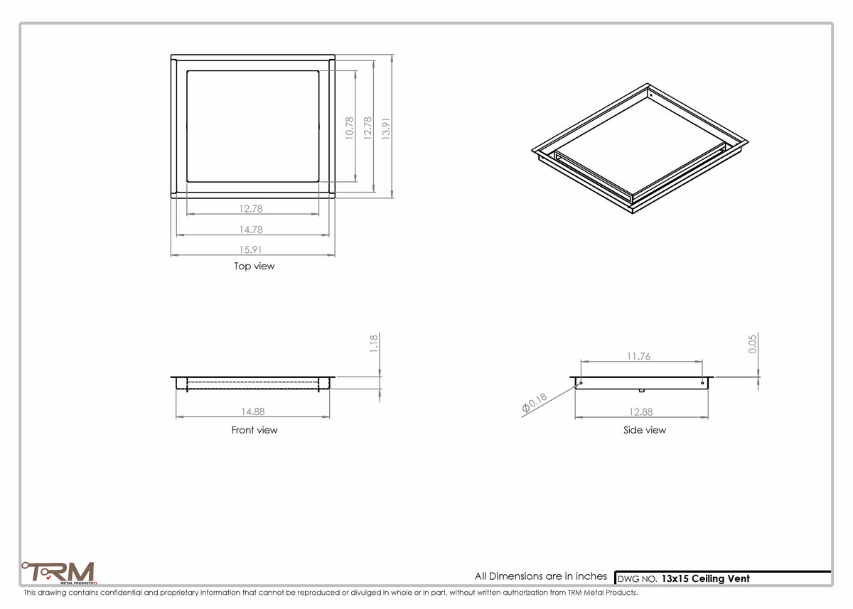 13x15 ceiling vent cover, dimensions drawing