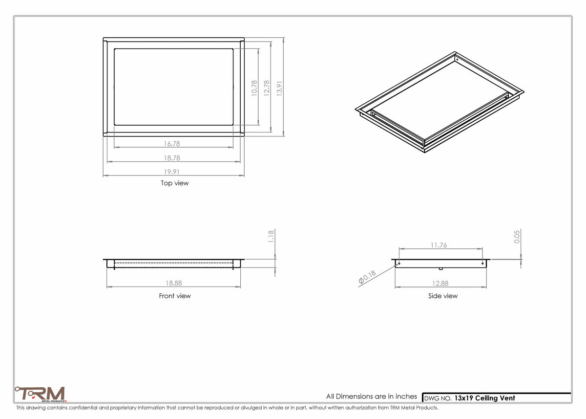 13x19 ceiling vent cover, dimensions drawing