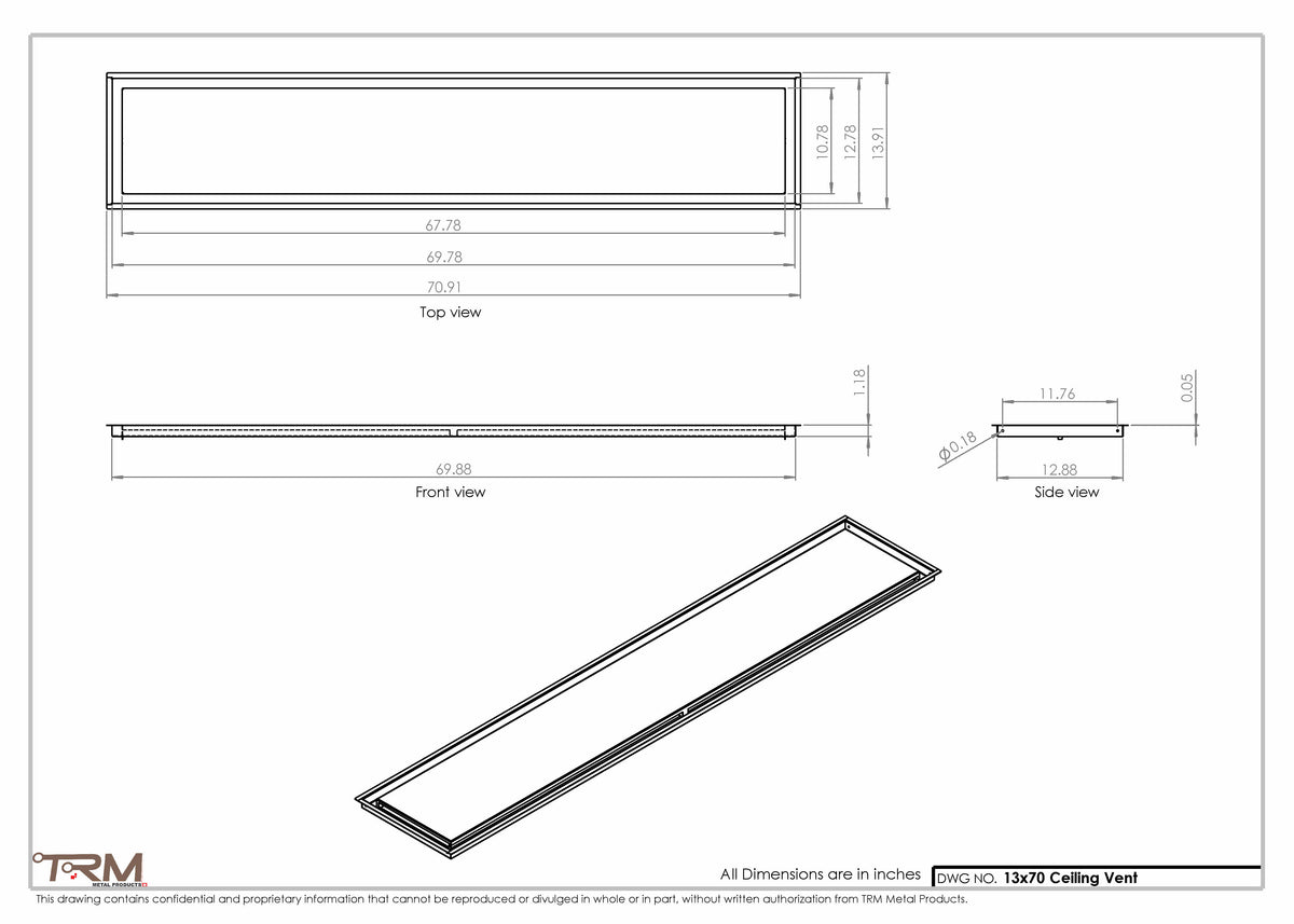 13x70 ceiling vent cover, dimensions drawing