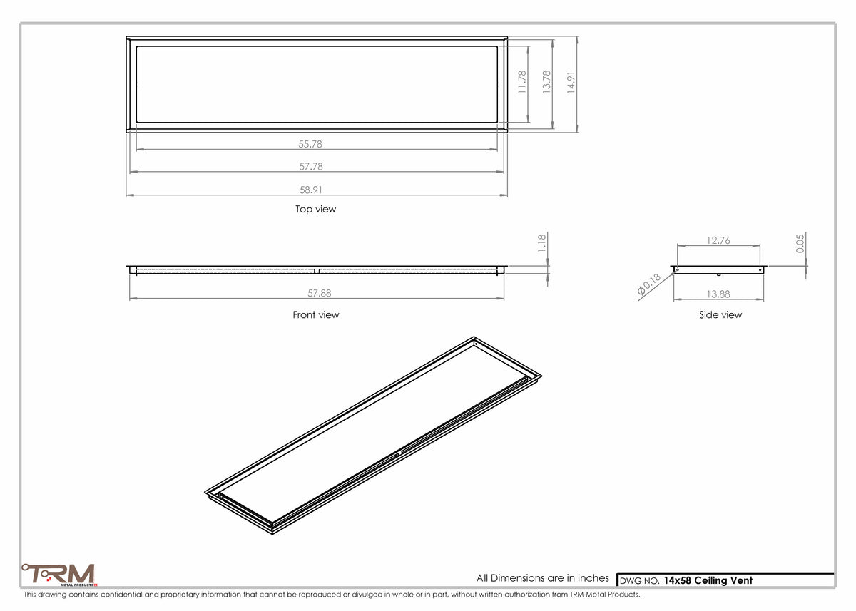 14x58 ceiling vent cover, dimensions drawing