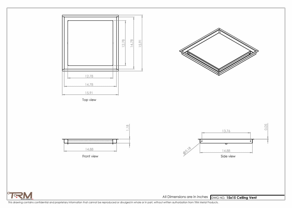 15x15 ceiling vent cover, dimensions drawing