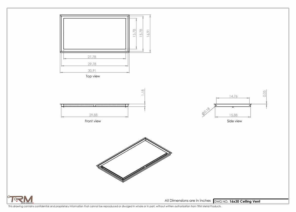16x30 ceiling vent cover, dimensions drawing