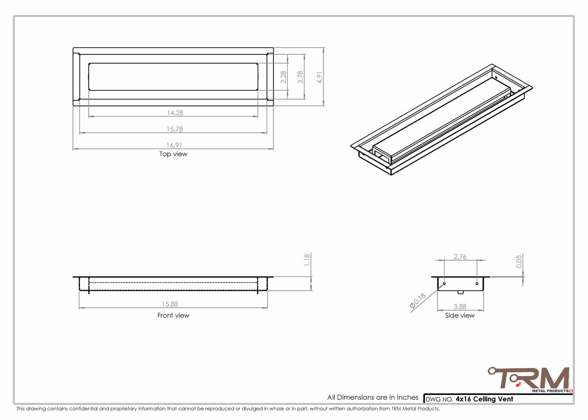 4x16 ceiling vent cover, dimensions drawing