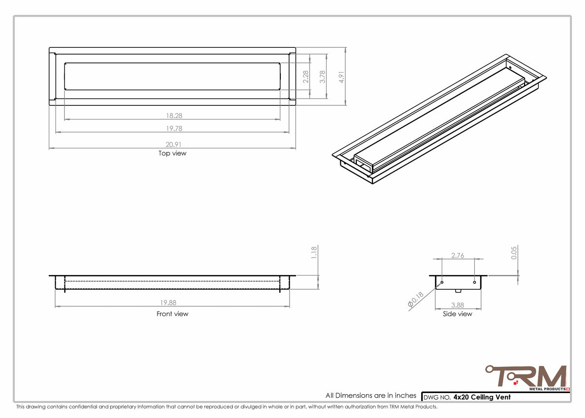 4x20 ceiling vent cover, dimensions drawing