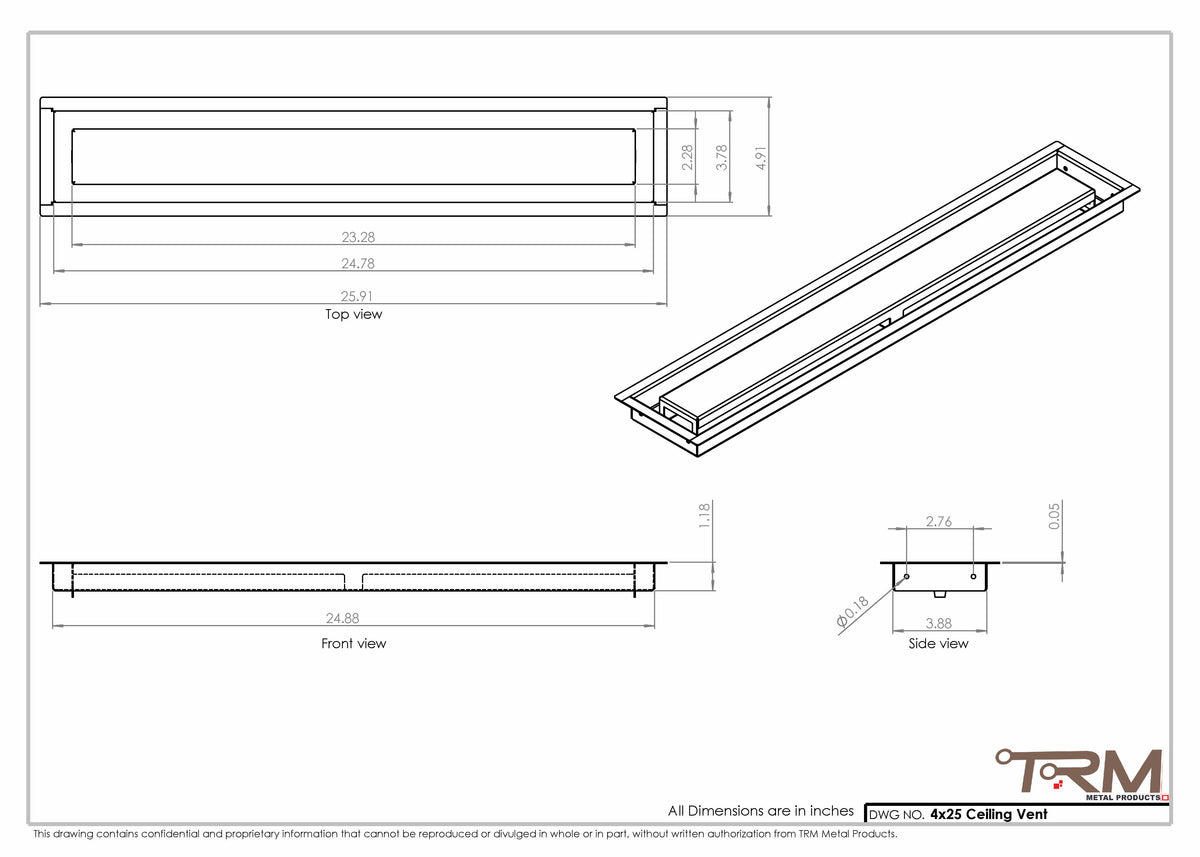 4x25 ceiling vent cover, dimensions drawing