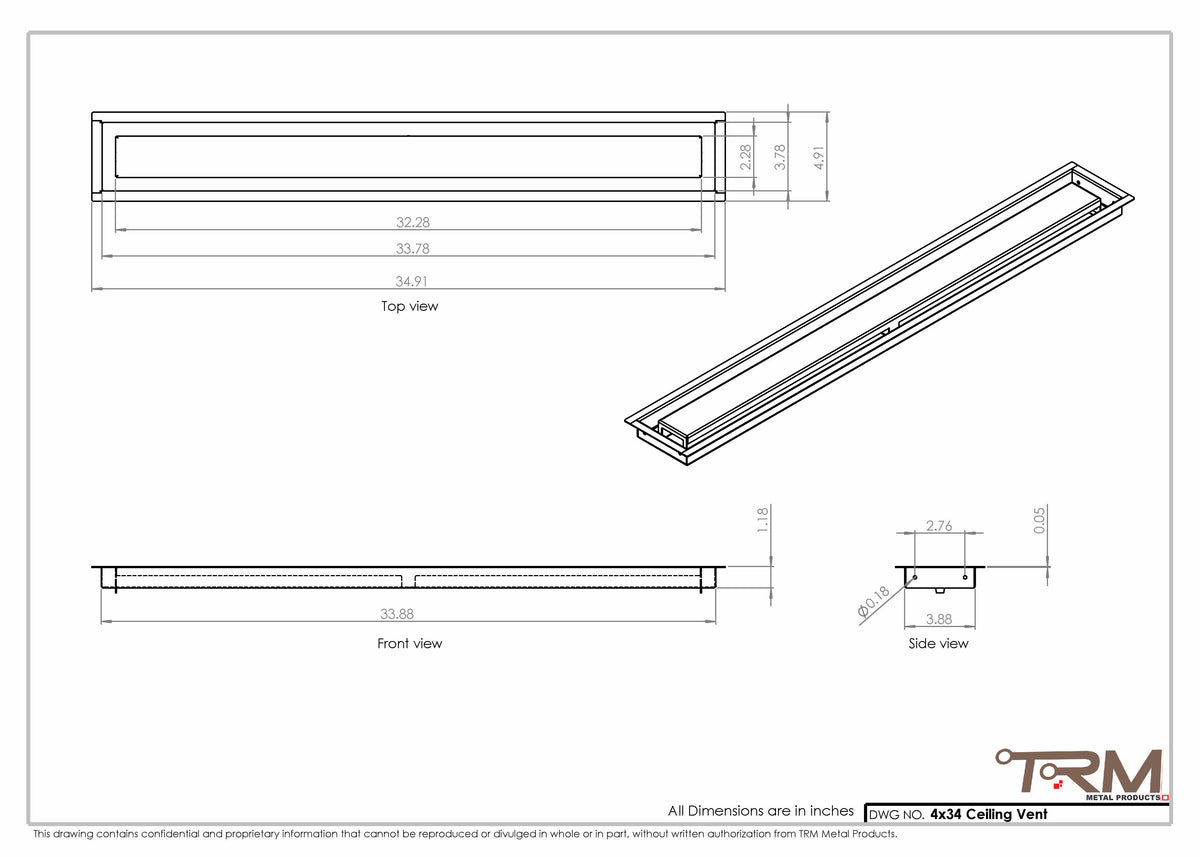 4x34 ceiling vent cover, dimensions drawing