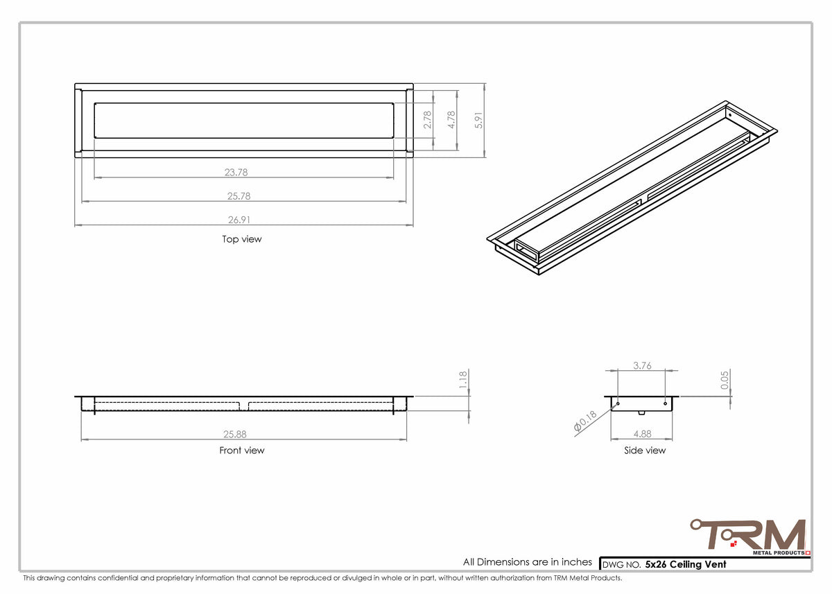 5x26 ceiling vent cover, dimensions drawing