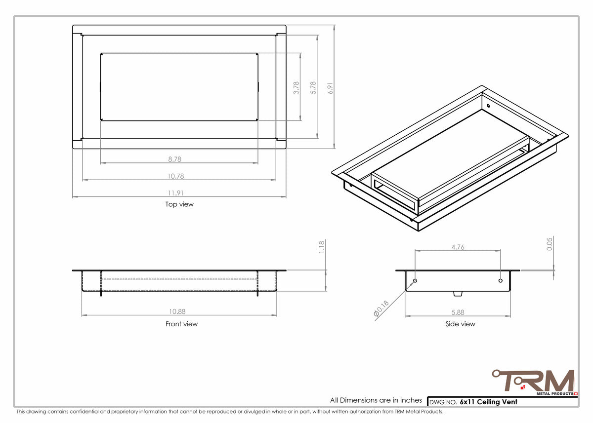 6x11 ceiling vent cover, dimensions drawing