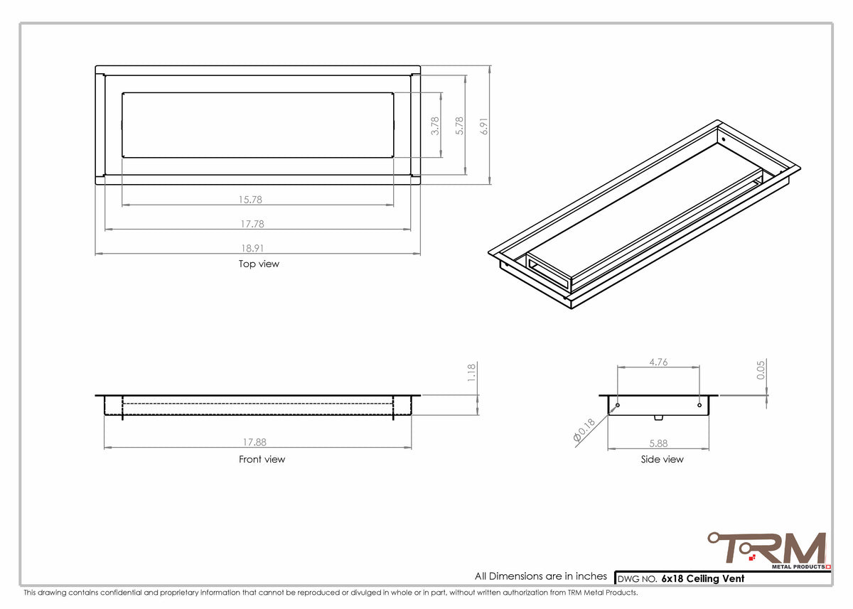 6x18 ceiling vent cover, dimensions drawing