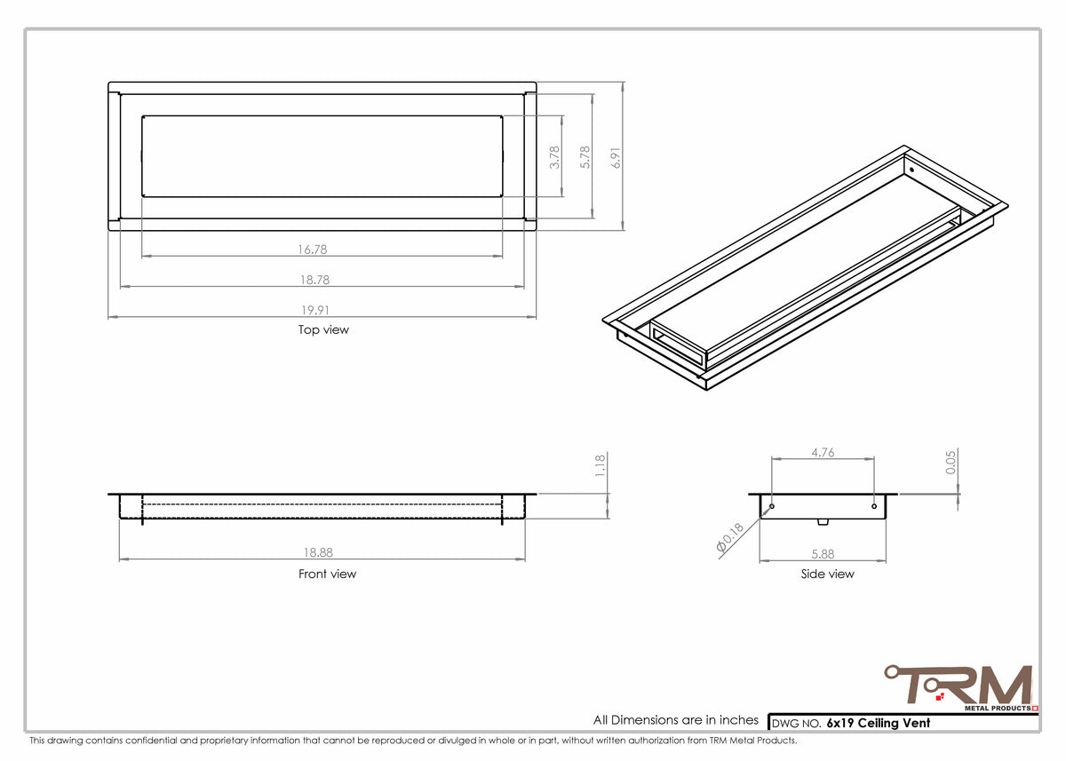 6x19 ceiling vent cover, dimensions drawing