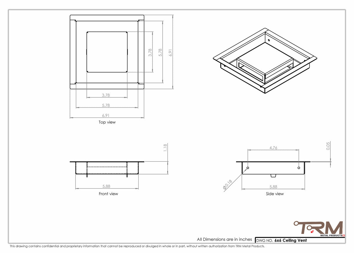 6x6 ceiling vent cover, dimensions drawing