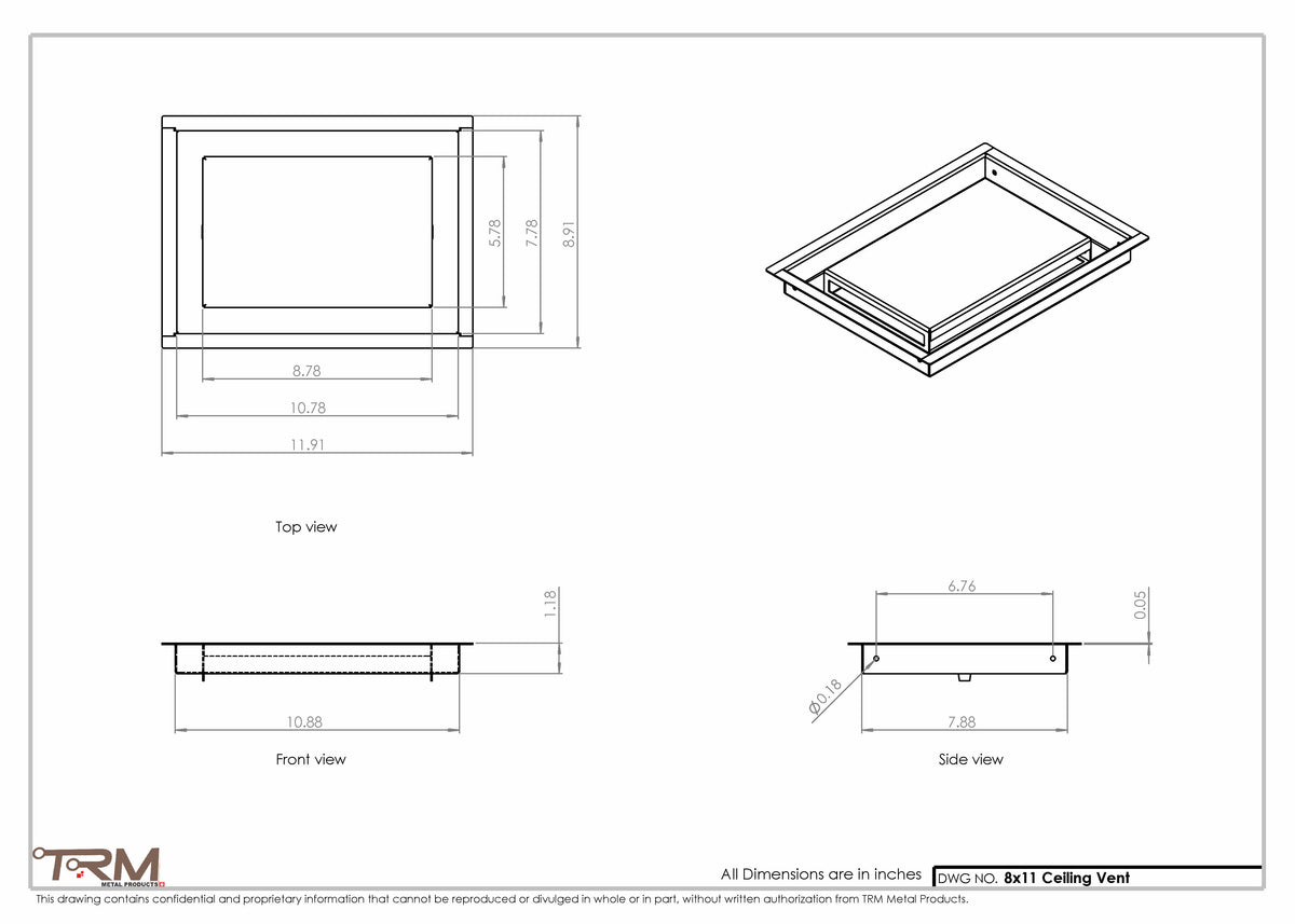 8x11 ceiling vent cover, dimensions drawing