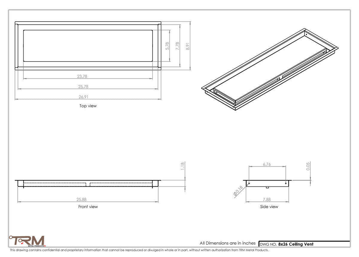 8x26 ceiling vent cover, dimensions drawing