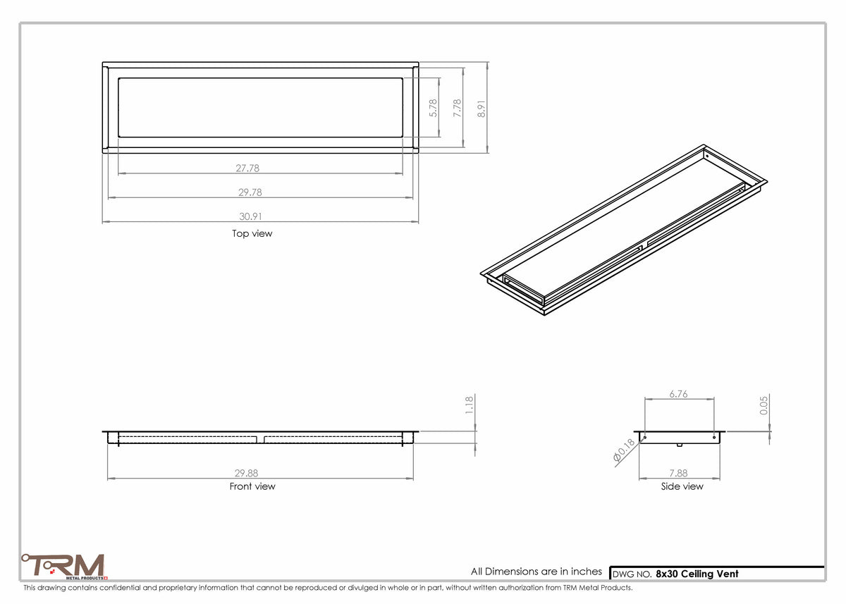 8x30 ceiling vent cover, dimensions drawing