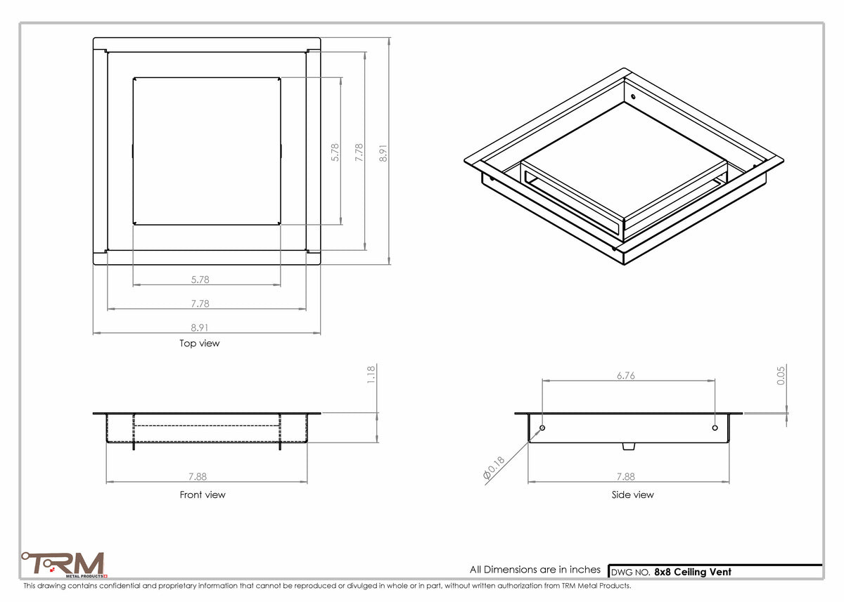 8x8 ceiling vent cover, dimensions drawing