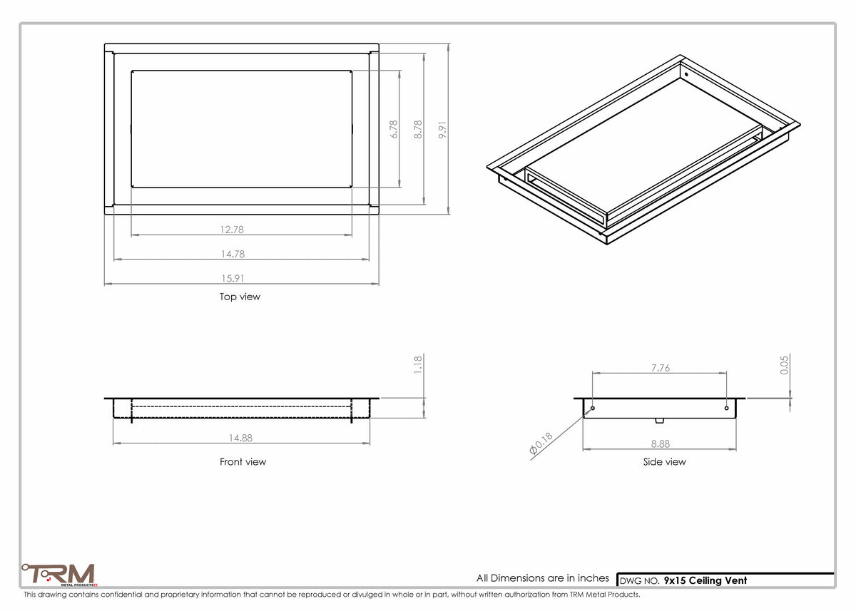 9x15 ceiling vent cover, dimensions drawing