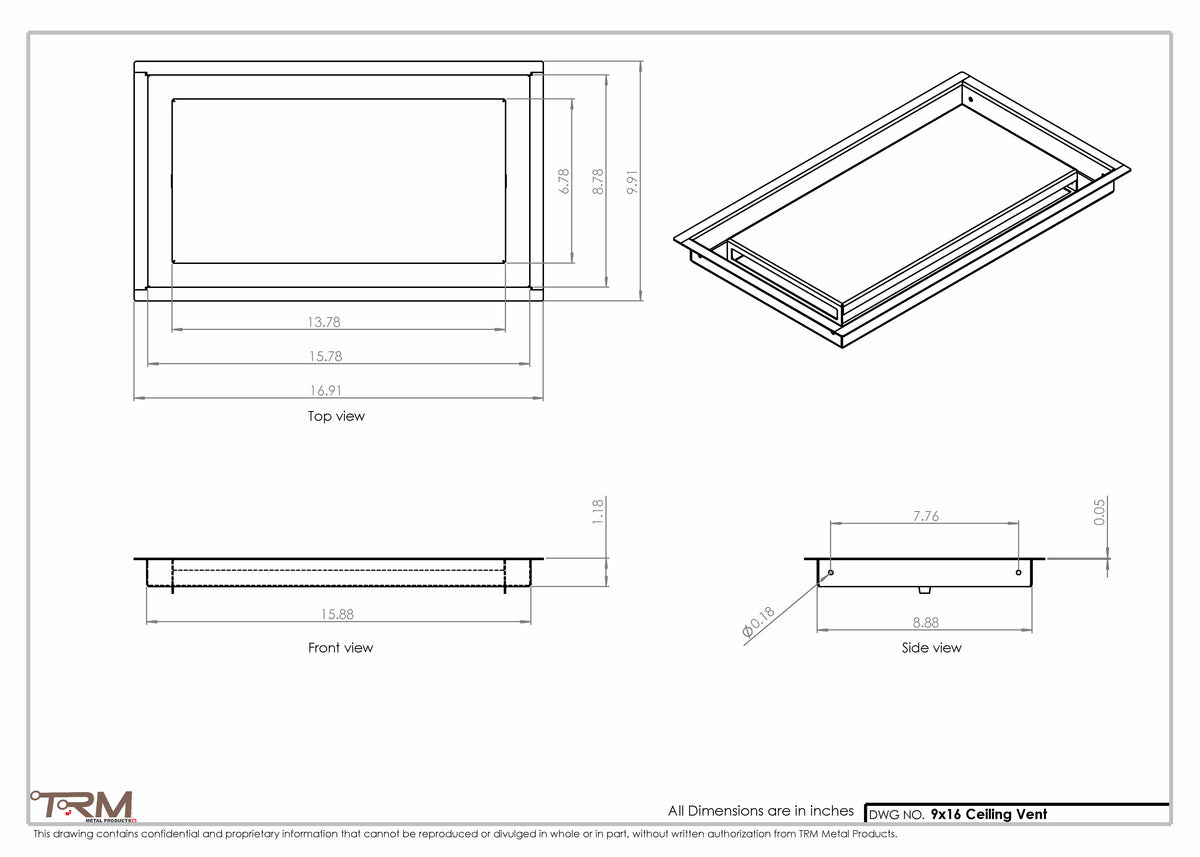 9x16 ceiling vent cover, dimensions drawing