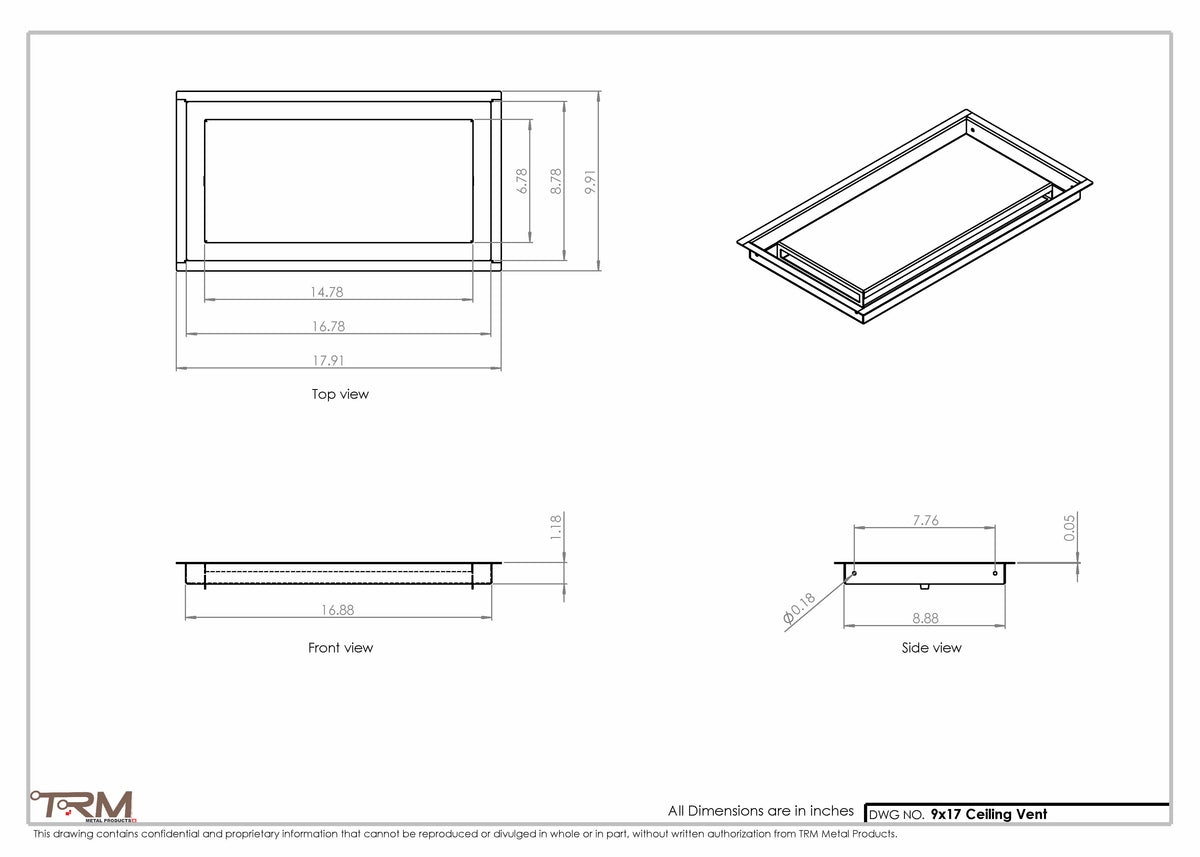 9x17 ceiling vent cover, dimensions drawing