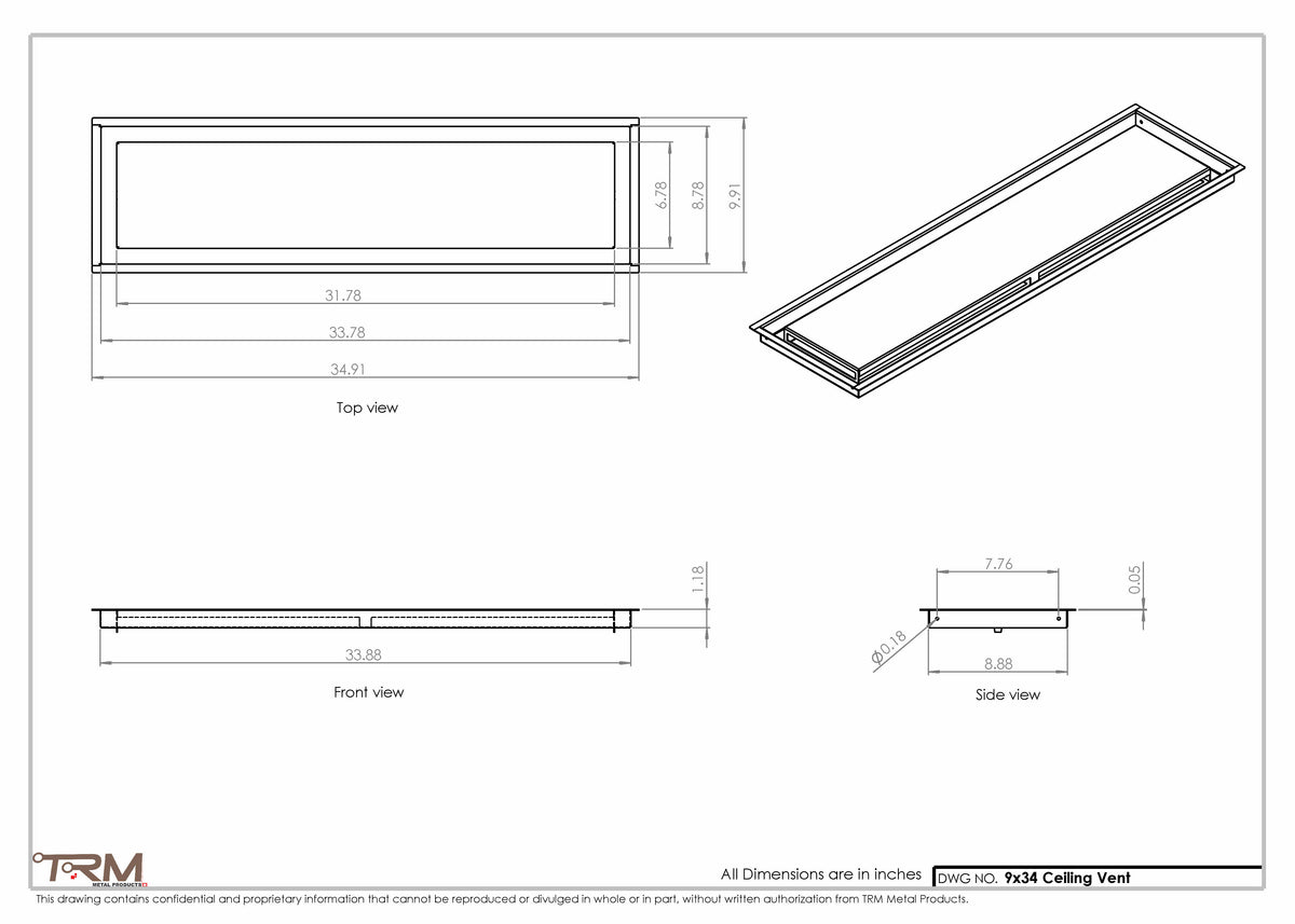 9x34 ceiling vent cover, dimensions drawing