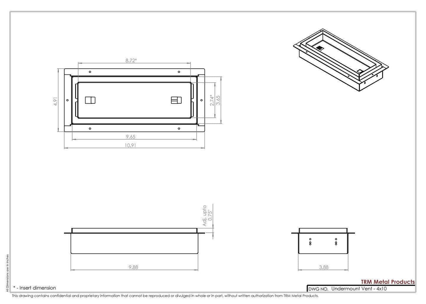 4x10 Undermount Air Vent, Floor-Matching, All Metal, Flush Floor Vent Cover (10x4)