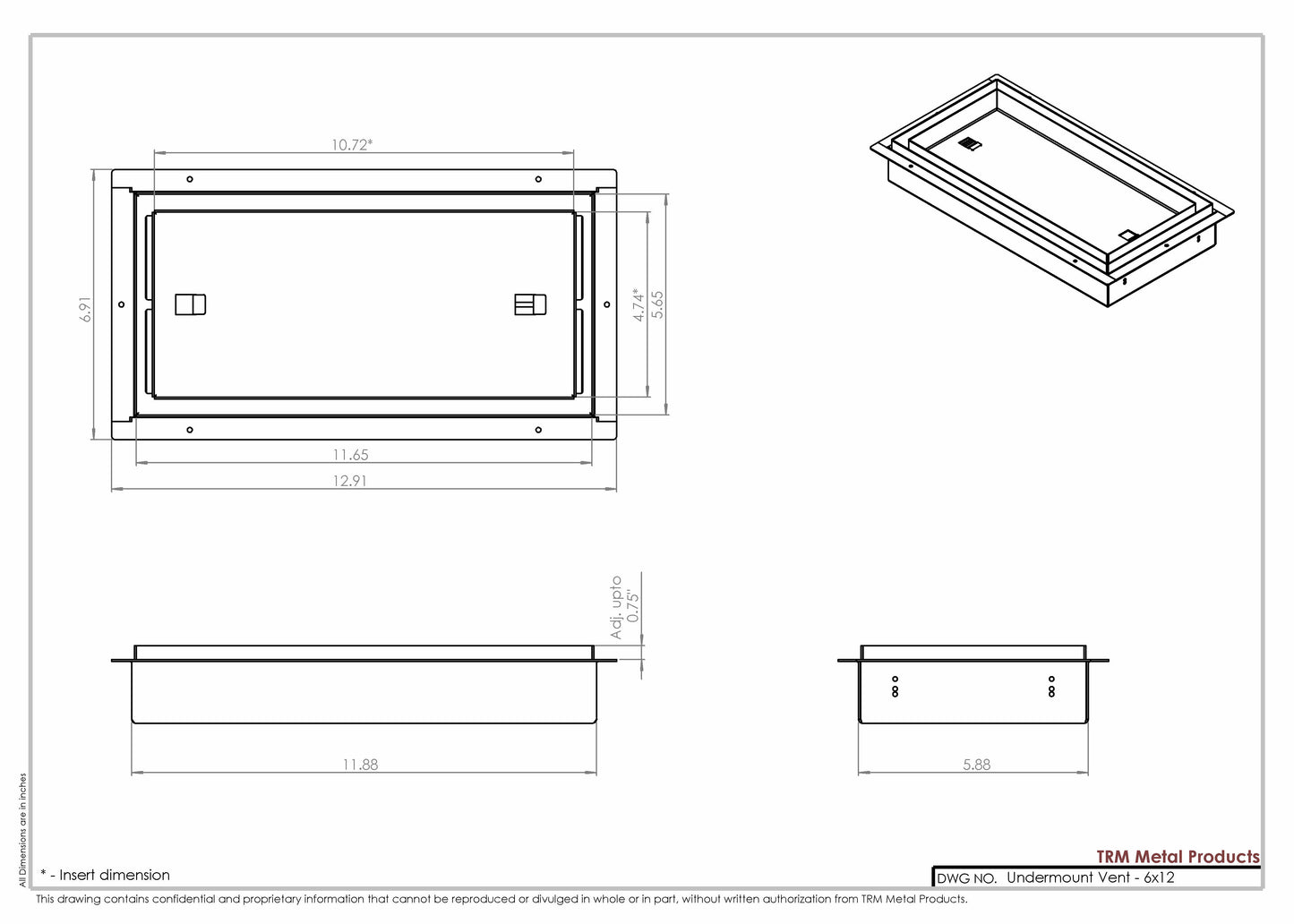 6x12 Undermount Air Vent, Floor-Matching, All Metal, Flush Floor Vent Cover (12x6)